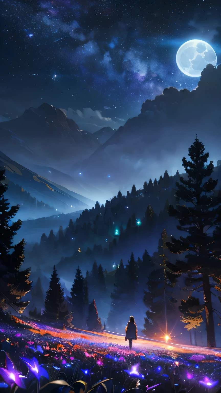 Expansive landscape photograph, (view from below with a view of the sky and the wilderness below), standing in a flower field looking up, (full moon: 1.2), (shooting star: 0.9), (nebula: 1.3), distant mountain, tree break production art, (warm light source: 1.2), (firefly: 1.2), lamp, purple and orange, intricate detail, volume lighting BREAK (masterpiece: 1.2), (highest quality ), 4k, ultra-detailed, (dynamic configuration: 1.4), highly detailed and colorful details (iridescent: 1.2), (sparkling lighting, atmospheric lighting), dreamy, magical, (solo: 1.2)