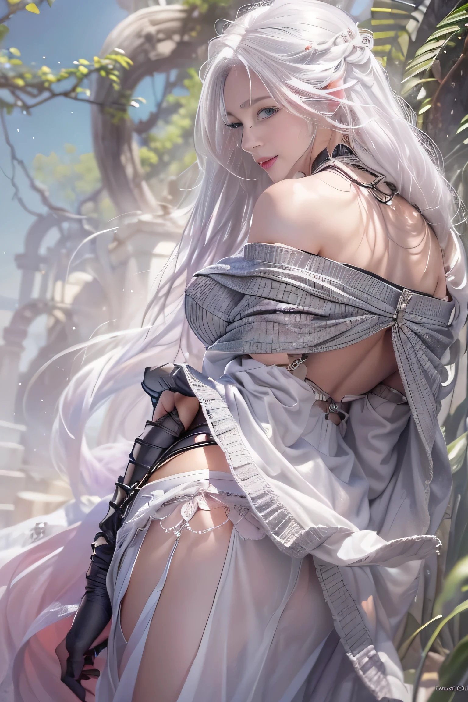 ((tmasterpiece:1.4)、(top-quality:1.4)、(reallistic:1.7))、By Luis Royo(By Luis Royo)Surreal portrait of a beautiful girl、Super beautiful girl、((1girl in:1.4))、Shiny natural skin texture、Authors:By Luis Royo(By Luis Royo)、age19、(Two arms:1.4、Two legs:1.4)、(perfect anatomia:1.4)、(Perfect female body:1.4)、Portrait photo of a girl、Close-up photos、Full body shooting、((masutepiece:1.4), (of the highest quality:1.4), (Realistic:1.7), By Luis Royo, Beautiful Girl, Super beautiful girl, ((1girl in:1. 4), Shiny natural skin texture, Authors: By Luis Royo, 1, (Perfect female body: 1.4), (Perfect female body: 1.) 4), Portrait photo of a girl, Close-up photos, (Full body photo), Fantasy Art, Soft front light, Beautiful expression, Kawaii face, Beautiful breasts, Large Full Breasted: 1. 2, Beautiful buttocks, Fine eyes, Clear and eye-catching, beautiful and alluring, Beautiful eyes, thin waist, Raw photo, Red lips, ((White hair, Long hair)) , 1 Screen View, ),((Off-the-shoulder hand-knitted sweater))、((Black tight skirt))、 (sexyposture), (the milky way in the sky),((T-back panties))、((Black garters and garter belts))、(A smile)、((Vaginal orchids))、((erection))