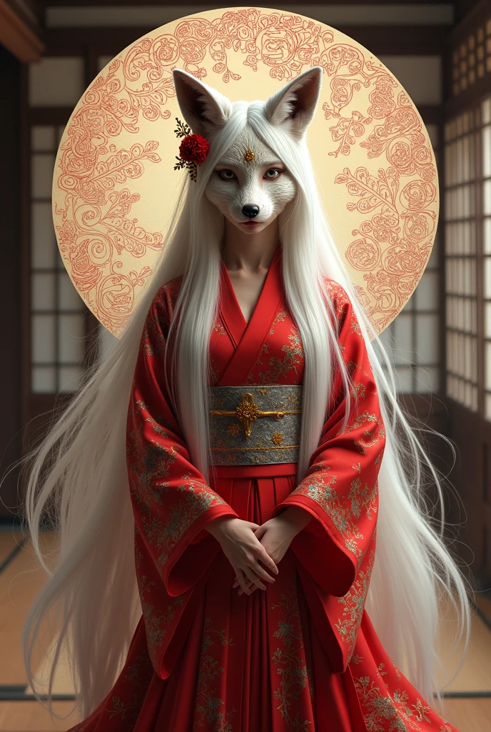 Wear a fox mask to hide your face, white hair, red kimono, one girl, official art, uniform 8k wallpaper, super detailed, beautiful, aesthetic, masterpiece, highest quality, realistic, (Japanese-style room background), courtesan, (zenTangle, mandala , Tangle, Entangle Background: 0.7) Fox, Fox Mask Template, Haori, Fox Fire Spell, Fox Familia, Conversion, Depth of Character Border, Fantastic Atmosphere, Most Beautiful Chaos Shape, Elegant, Brutalism Design, BREAK, Luxurious hair ornament, facing forward