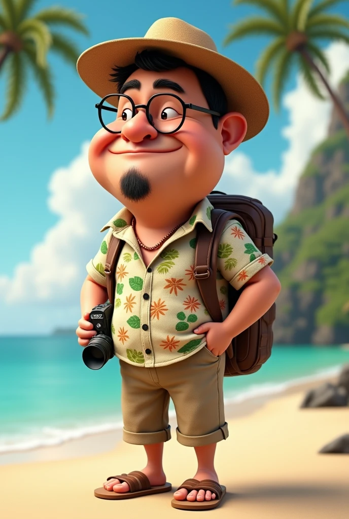3d caricature, very big head with , photo of an Asian man wearing a hat and thick glasses, reddish nose, chubby cheeks, thin beard, Hawaiian beach clothes, 3/4 trousers, flip flops, carrying a camera and backpack