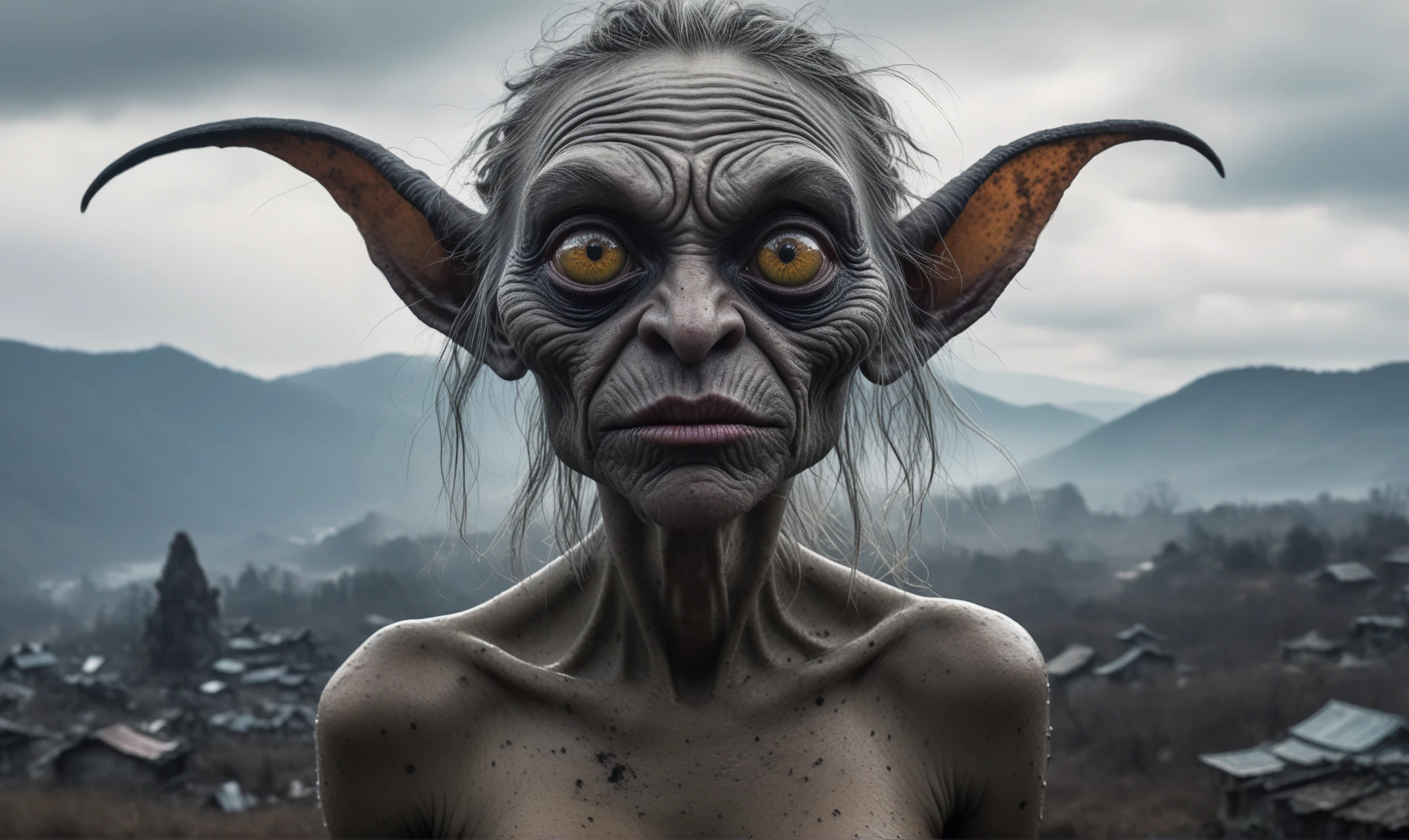 full-body-shot,Very tall , who can't fly,Cinematic, Technicolor,natural skin textures, hyper realisitc, hyper detailed,Extremely detailed,High contrast,Realistic,Chalsedoon goblin, back view,full body length,evil ghost,Hobgoblin,pretty face,intricate details,realistic humid skin,extremely intricate details,anatomically correct, eyes extremely detailed, high detailed eyes,High contrast,Ultra HD,Retina,HDR,photo,photorealism,Masterpiece, natural skin textures, hyper realism,hyper detailed,High contrast,(HDR:1.4),Realism,Ultra Detailed,irina yermolova, close full body shot,16K resolution,RAW, Nikon Z9,Paul Zizka,full body length,niobium goblin,native irish,pretty face,eyebrow up,full body shot,ominous landscape,niobium gray atmosphere,by art Simon Stalenhag,Nicola Samori,(((Wangechi Mutu))),prime colors,urban,extremely detailed,masterpiece,intricate details,faded,eyes extremely detailed, high detailed eyes,4k resolution,islands levitating above ground, Nikon Z9,scary village,stalker,Stone Forest in Yunnan Province of China