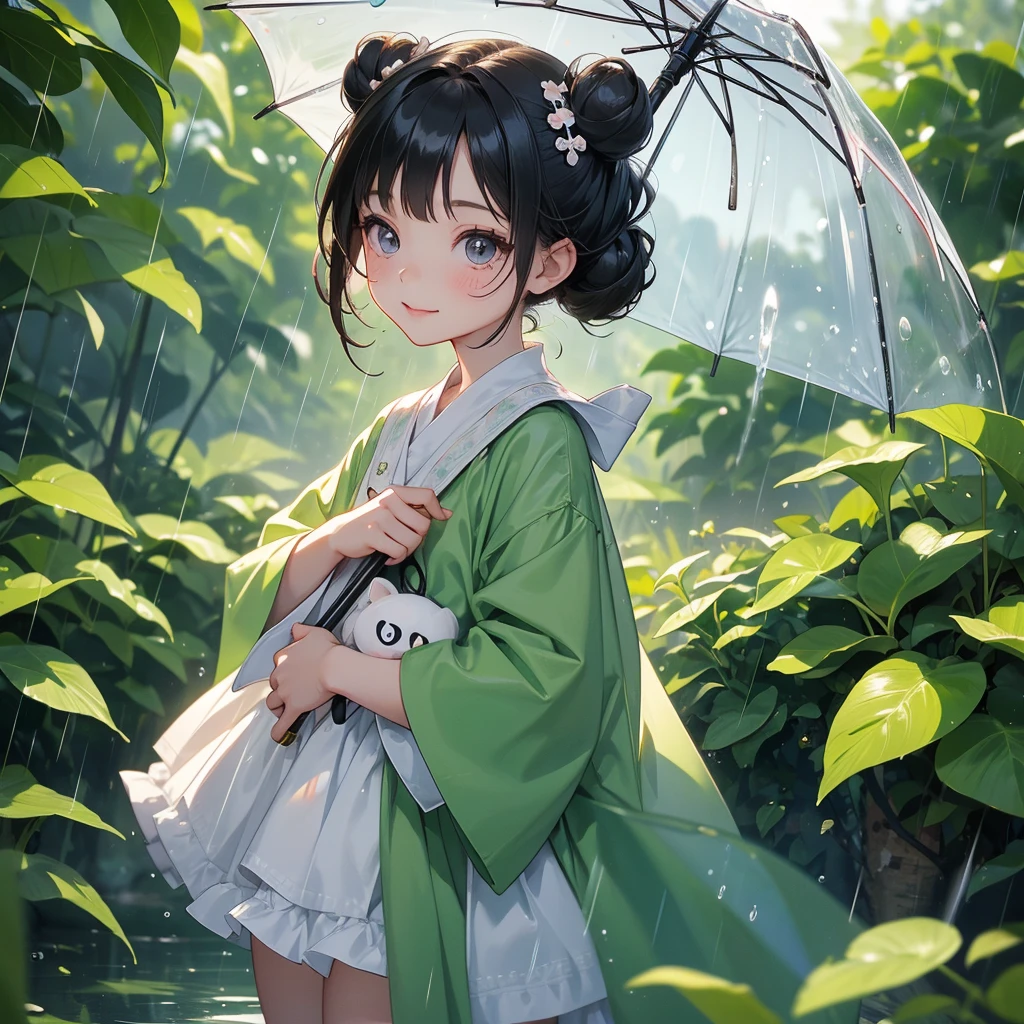 A chibi child girl had a small face and wearing a little tourist priest’s outfit, a pair of big round eyes shone with curiosity about him. This child was so cute, her hair is black with buns on her hair. Small chibi , chibi baby, smiling , chibi. 

Stand holding an umbrella to protect from the rain. Rain fell and splashed around. There are water droplets falling on the leaves in the surrounding area, green and moist, the atmosphere after rain.