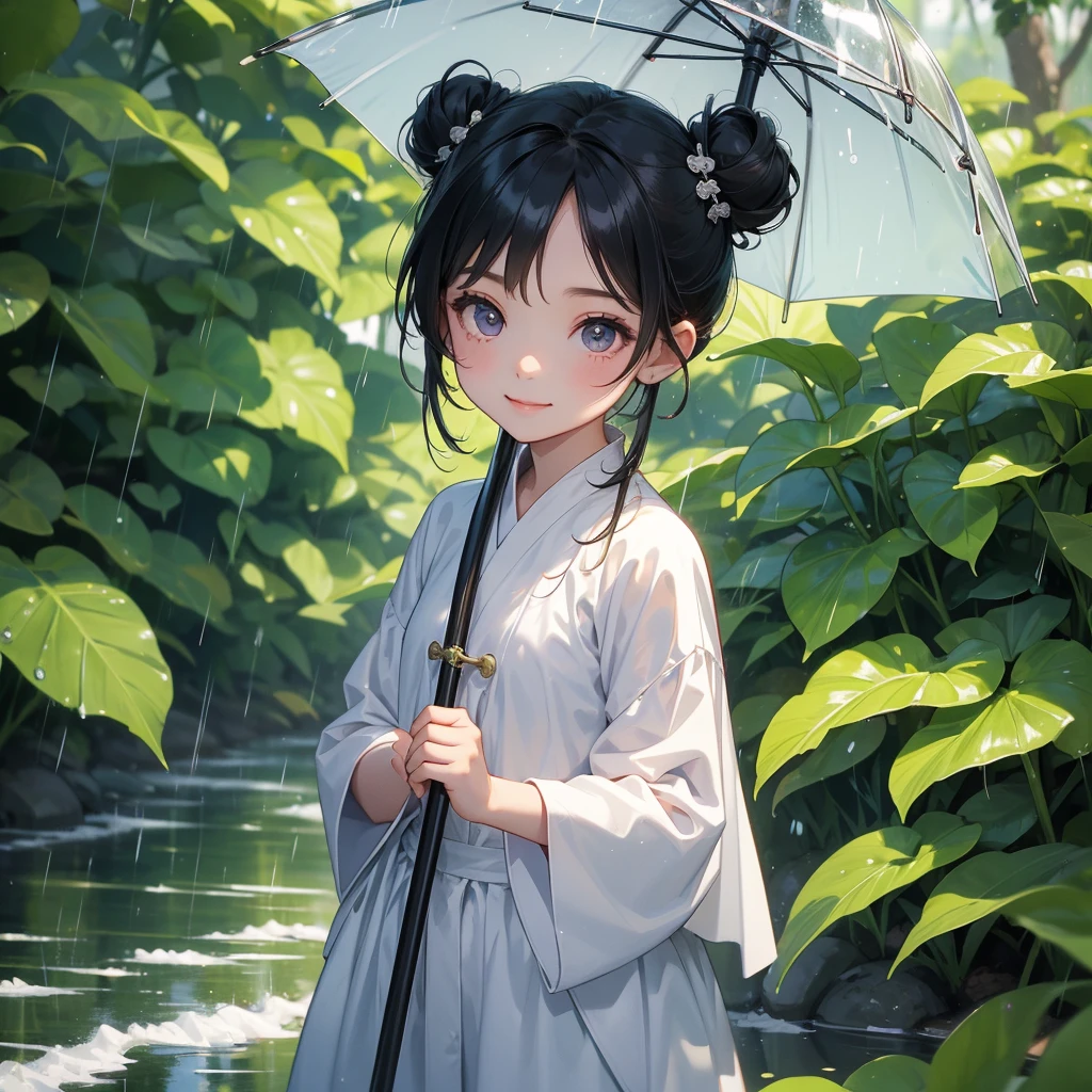 A chibi child girl had a small face and wearing a little tourist priest’s outfit, a pair of big round eyes shone with curiosity about him. This child was so cute, her hair is black with buns on her hair. Small chibi , chibi baby, smiling , chibi. 

Stand holding an umbrella to protect from the rain. Rain fell and splashed around. There are water droplets falling on the leaves in the surrounding area, green and moist, the atmosphere after rain.