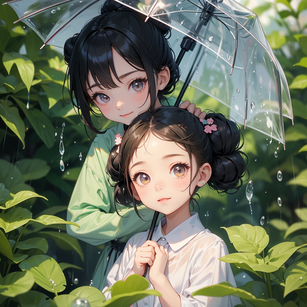 A chibi child girl had a small face and wearing a little tourist priest’s outfit, a pair of big round eyes shone with curiosity about him. This child was so cute, her hair is black with buns on her hair. Small chibi , chibi baby, smiling , chibi. 

Stand holding an umbrella to protect from the rain. Rain fell and splashed around. There are water droplets falling on the leaves in the surrounding area, green and moist, the atmosphere after rain.