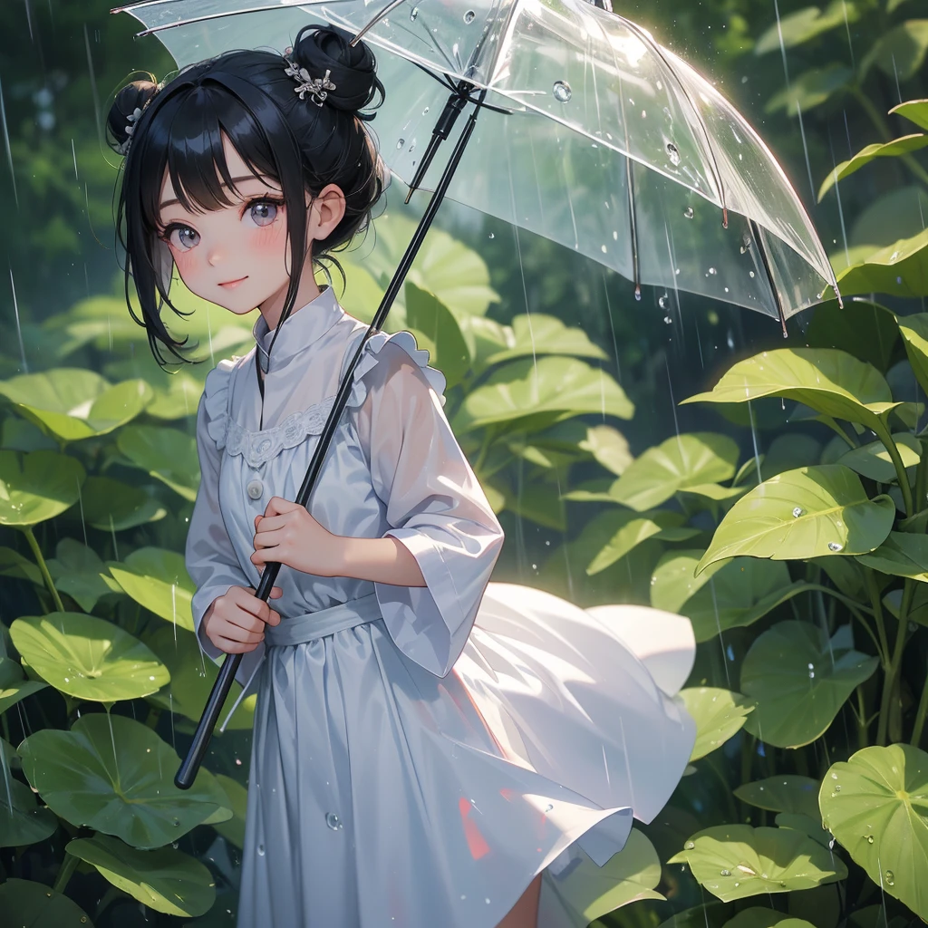 A chibi child girl had a small face and wearing a little tourist priest’s outfit, a pair of big round eyes shone with curiosity about him. This child was so cute, her hair is black with buns on her hair. Small chibi , chibi baby, smiling , chibi.
Stand holding an umbrella to protect from the rain. Rain fell and splashed around. There are water droplets falling on the leaves in the surrounding area, green and moist, the atmosphere after rain.