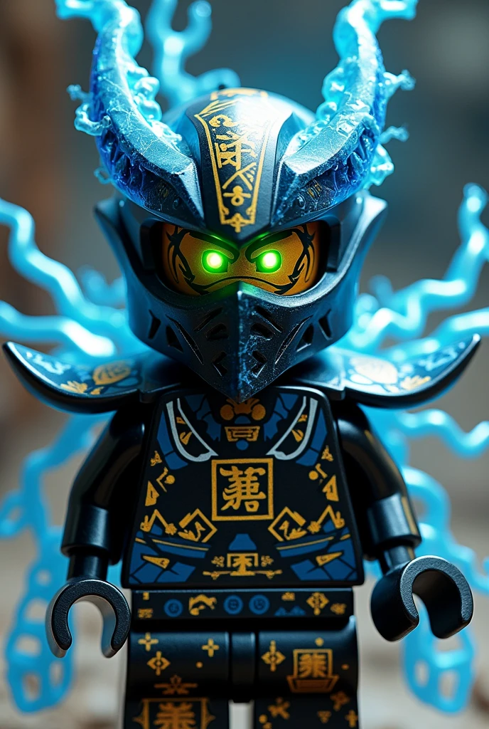 Créer moi un lego ninja go premier maitre du spijisu futuriste de la dernière puissance dimensionaire a moitié oni maléfique et ninja avec un casque de oni vengeance et destructeur de couleur noir, bleu sur la tête et un bandeau blanc autour de la bouche avec une peau NOIR et il faut des traces d’électricité jaune et bleu foncé dans le visage et un regard terrible sombre avec des yeux en vert clair brillant avec une puissance incroyable avec comme puissance élémentaire l’électrique, l’énergie, la terre, le feu, la glace. Les habits du ninja doit être en noir anthracite, bleu nocturne et golden supreme et fer anthracite avec des reure en forme d’électricité bleu claire et jaune brillant et des écritures japonaise antique sacré en or. Un ninja imbattable monstrueux beaucoup trop puissant qui contrôle tous les pouvoirs élémentaires. Le ninja futuriste oni doit être destructeur et soif de vengeance un super mechant 