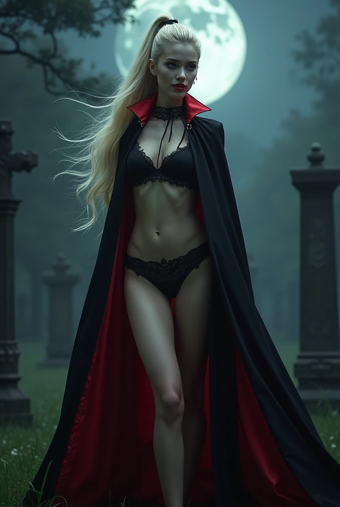 (RAW photo, best quality, masterpiece, ultra-detailed, high res), (realistic),(extremely 
delicate and beautiful:1), mesmerizing vampire woman with long blonde hair in high 
ponytail detailed features, smiling seductively , showing vampire fangs , ((wearing floor 
length black and red lined satin cape tied at the neck with ribbon ties)) , lingerie , standing 
in a moonlight graveyard , imaginative, highly detailed, extremely high-resolution details, 
photographic, realism pushed to extreme, fine texture, 8k, ultra-detailed, high quality, high 
contrast, full body shot 