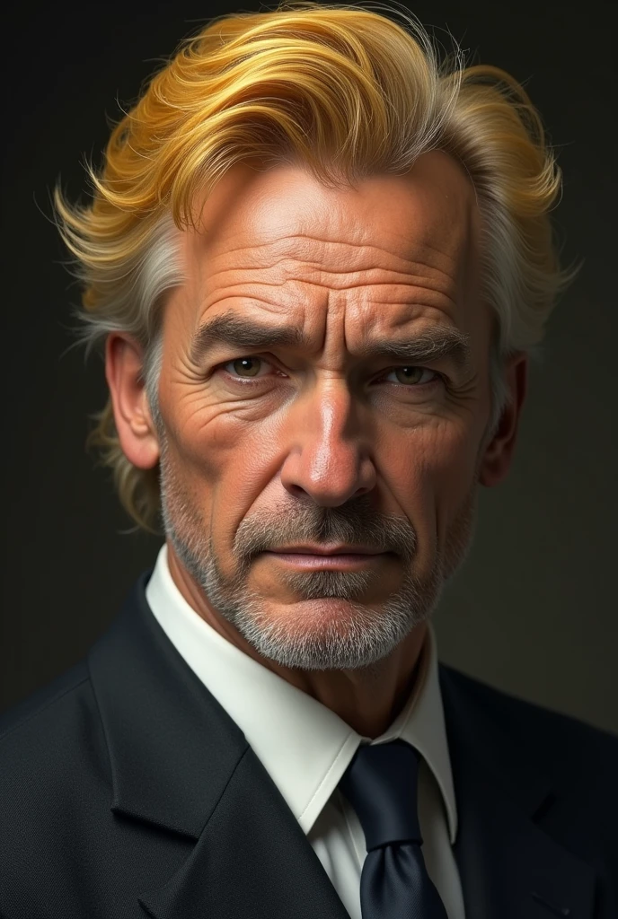 Makes an adult man with yellow hair and round eyebrows, he wears a suit, his hair covers one of his eyes.
