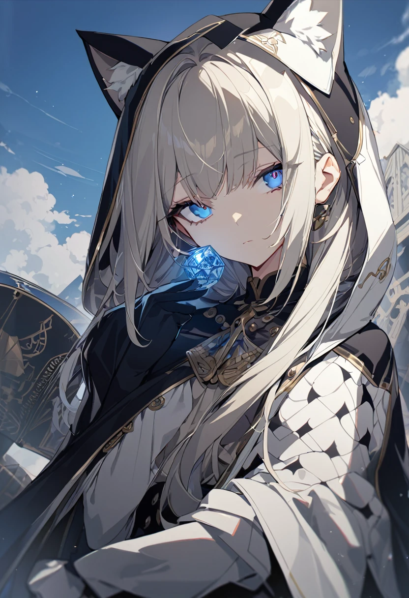 One girl, masterpiece, Highest quality, Beauty, Expressionless, Platinum Blonde, Asymmetrical hairstyle, Vertical eyes like a cat, Blue Sky Eyes , Cloak with hood, A long dark skirt, fortune teller, Gray background, anime