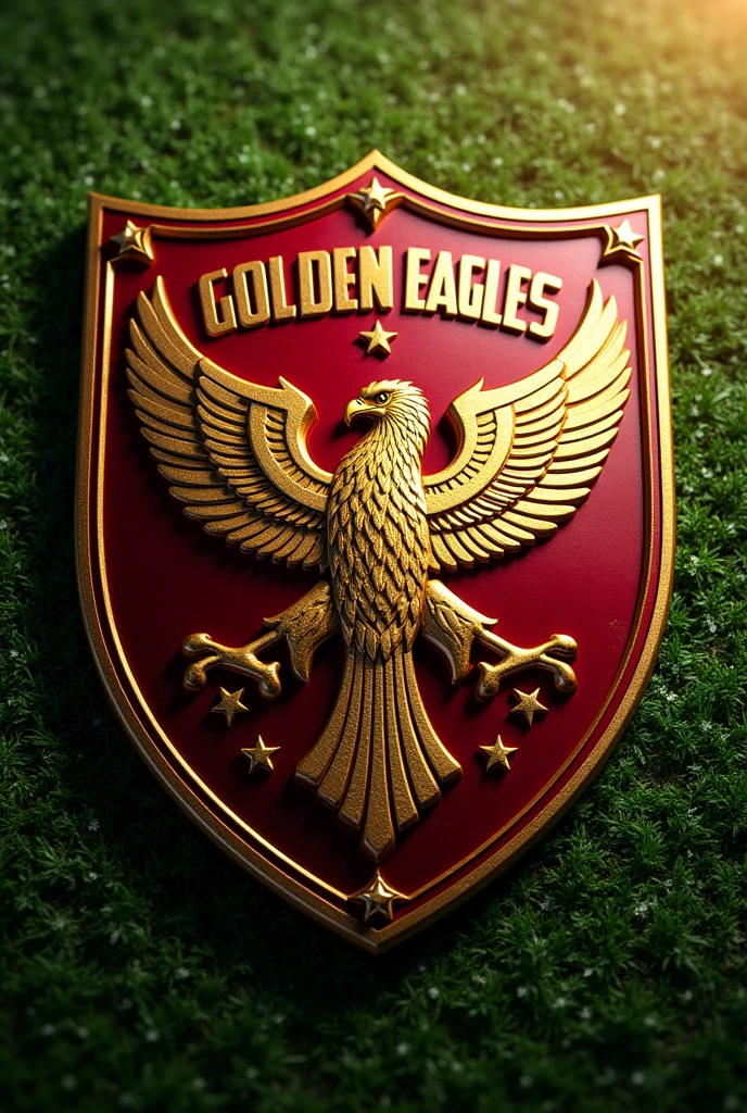 Golden Eagles football shield and uniform with green colors, red and gold
