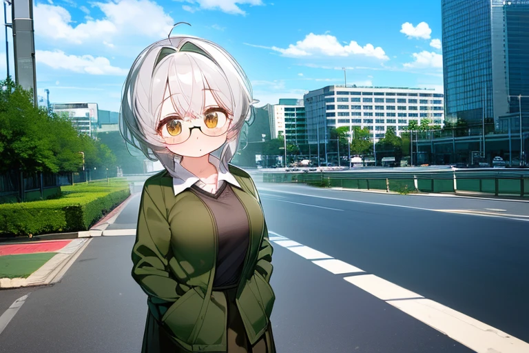 (highest quality,masterpiece:1.3),((1 cute girl:1.2)),(:1.2),expressive 目s, Perfect Face,Brown eyes,dark green beret,White hair,long ahoge,Round Glasses Black,retro city background,Brown tie,brown skirt,Dark green jacket,Low Perspective,Wet shirt,amount, open amount