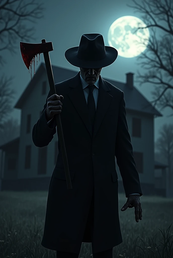 A pyscho killer wear black suits and hat with a axe filled blood seeing a house infront of him from outside at night