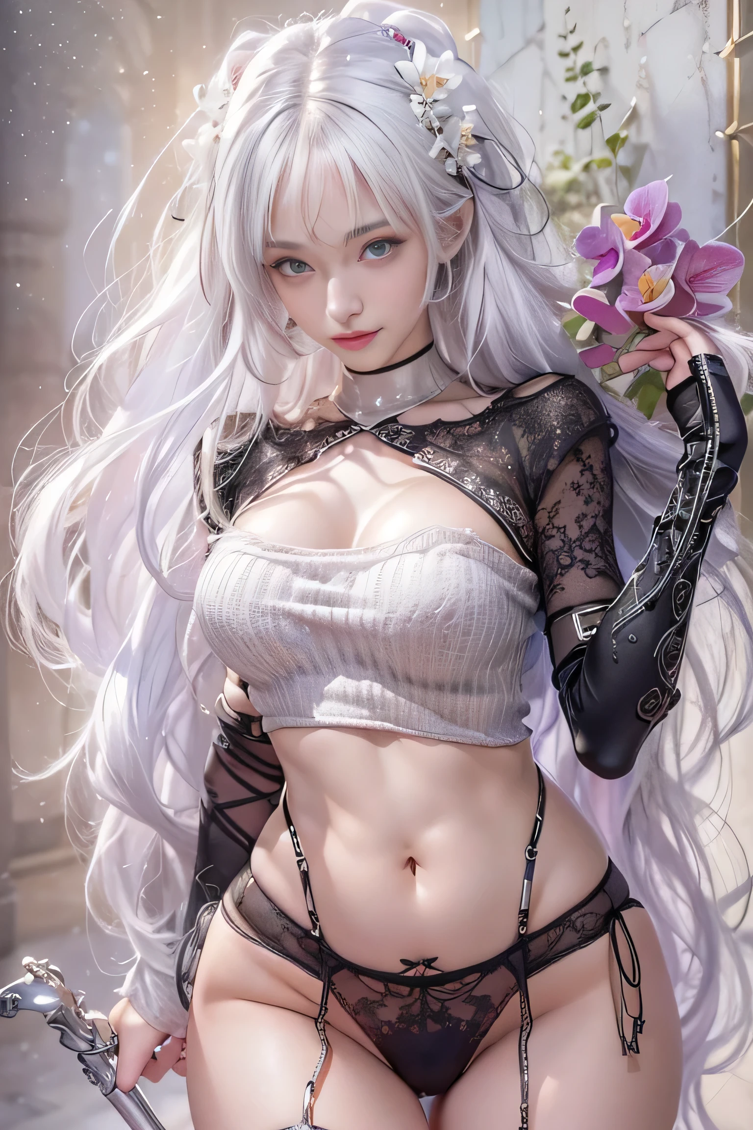 ((tmasterpiece:1.4)、(top-quality:1.4)、(reallistic:1.7))、By Luis Royo(By Luis Royo)Surreal portrait of a beautiful girl、Super beautiful girl、((1girl in:1.4))、Shiny natural skin texture、Authors:By Luis Royo(By Luis Royo)、age19、(Two arms:1.4、Two legs:1.4)、(perfect anatomia:1.4)、(Perfect female body:1.4)、Portrait photo of a girl、Close-up photos、Full body shooting、((masutepiece:1.4), (of the highest quality:1.4), (Realistic:1.7), By Luis Royo, Beautiful Girl, Super beautiful girl, ((1girl in:1. 4), Shiny natural skin texture, Authors: By Luis Royo, 1, (Perfect female body: 1.4), (Perfect female body: 1.) 4), Portrait photo of a girl, Close-up photos, (Full body photo), Fantasy Art, Soft front light, Beautiful expression, Kawaii face, Beautiful breasts, Large Full Breasted: 1. 2, Beautiful buttocks, Fine eyes, Clear and eye-catching, beautiful and alluring, Beautiful eyes, thin waist, Raw photo, Red lips, ((White hair, Long hair)) , 1 Screen View, ),((Off-the-shoulder hand-knitted sweater))、((Black tight skirt))、 (sexyposture), (the milky way in the sky),((T-back panties))、((Black garters and garter belts))、(A smile)、((Vaginal orchids))、((erection))