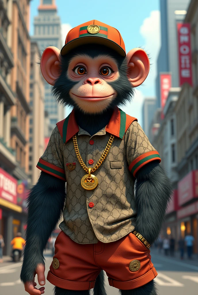 An image that has these characteristics,  character an adult monkey and have a Gucci cap on his head, He should wear a Gucci shirt and Gucci shorts and a gold chain around his neck and the background should be a very well-known city.