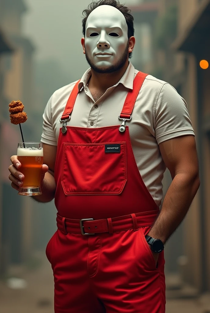 a man in red overalls and the mask used in the series la casa de papel with a glass of beer and a skewer in his hand