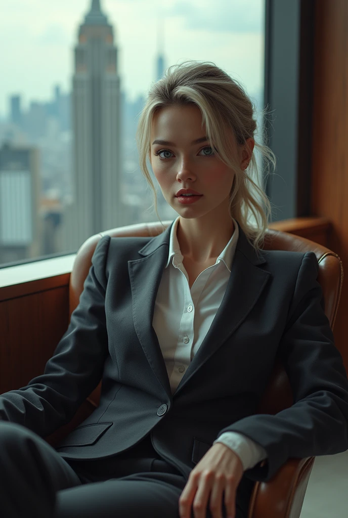 (Best quality, 4K, 8 K, a high resolution, masterpiece:1.2), ultra detailed, (realistic, photorealistic, photo-realistic:1.37), office in a skyscraper in a big city, cyborg woman, Beautiful detailed eyes, Beautiful detailed lips, Beautiful detailed face, extremely detailed eyes, very detailed face, long eyelashes, sits with his legs up in a luxurious chair, Heavy Men's Boots, high quality, absurdity, masterpiece, Beautiful, complex parts,1/2 body finishes, slender body, Beautiful figure, Magnificent Anatomy, complex parts:1.12, HDR, complex parts:1.15, natural skin textures, hyperrealistic, soft light, spicy:1.2