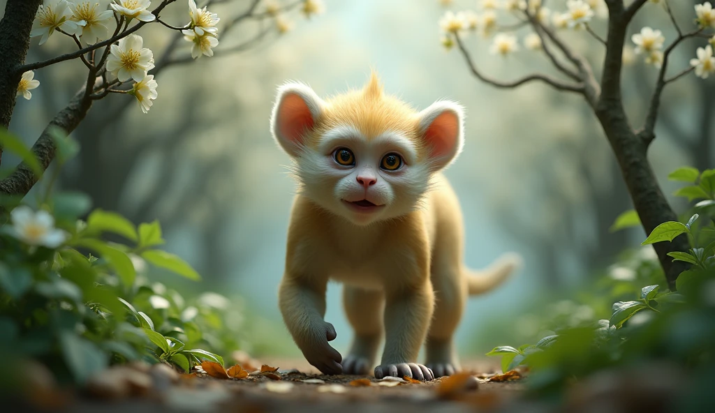 Front view,There is a wild beast in the osmanthus forest,It looks like a monkey with white ears.,Standing and walking(best quality,4K,8k,High level,masterpiece:1.2),Ultra Detailed,(lifelike,Photo real,Photo real:1.37)