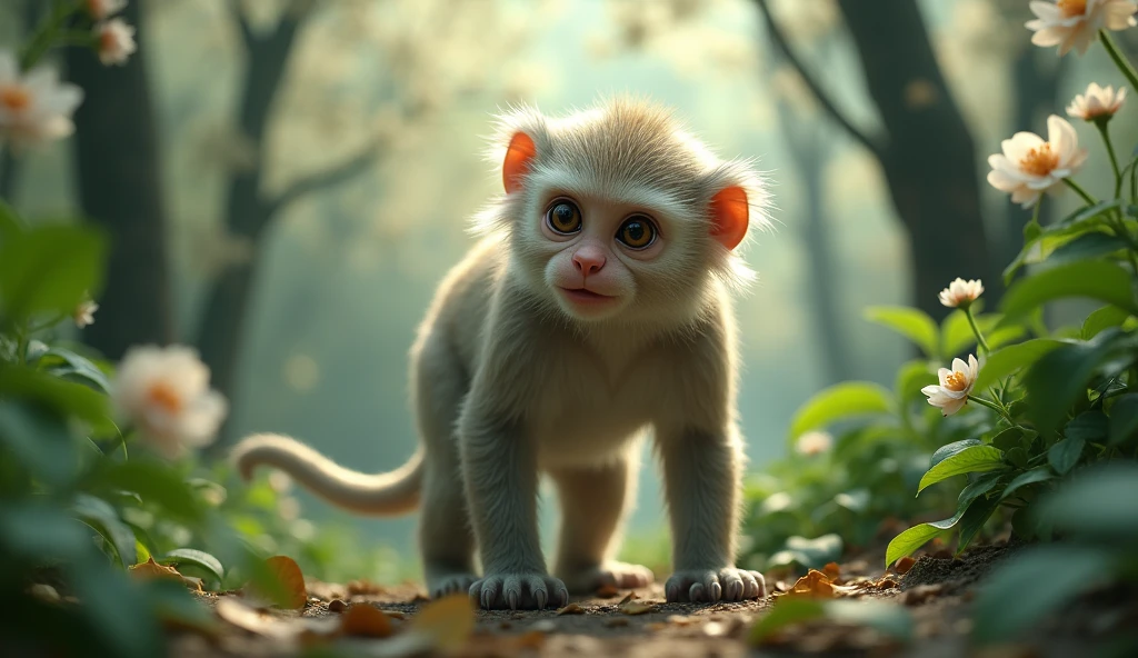 Front view,There is a wild beast in the osmanthus forest,It looks like a monkey with white ears.,Standing and walking(best quality,4K,8k,High level,masterpiece:1.2),Ultra Detailed,(lifelike,Photo real,Photo real:1.37)