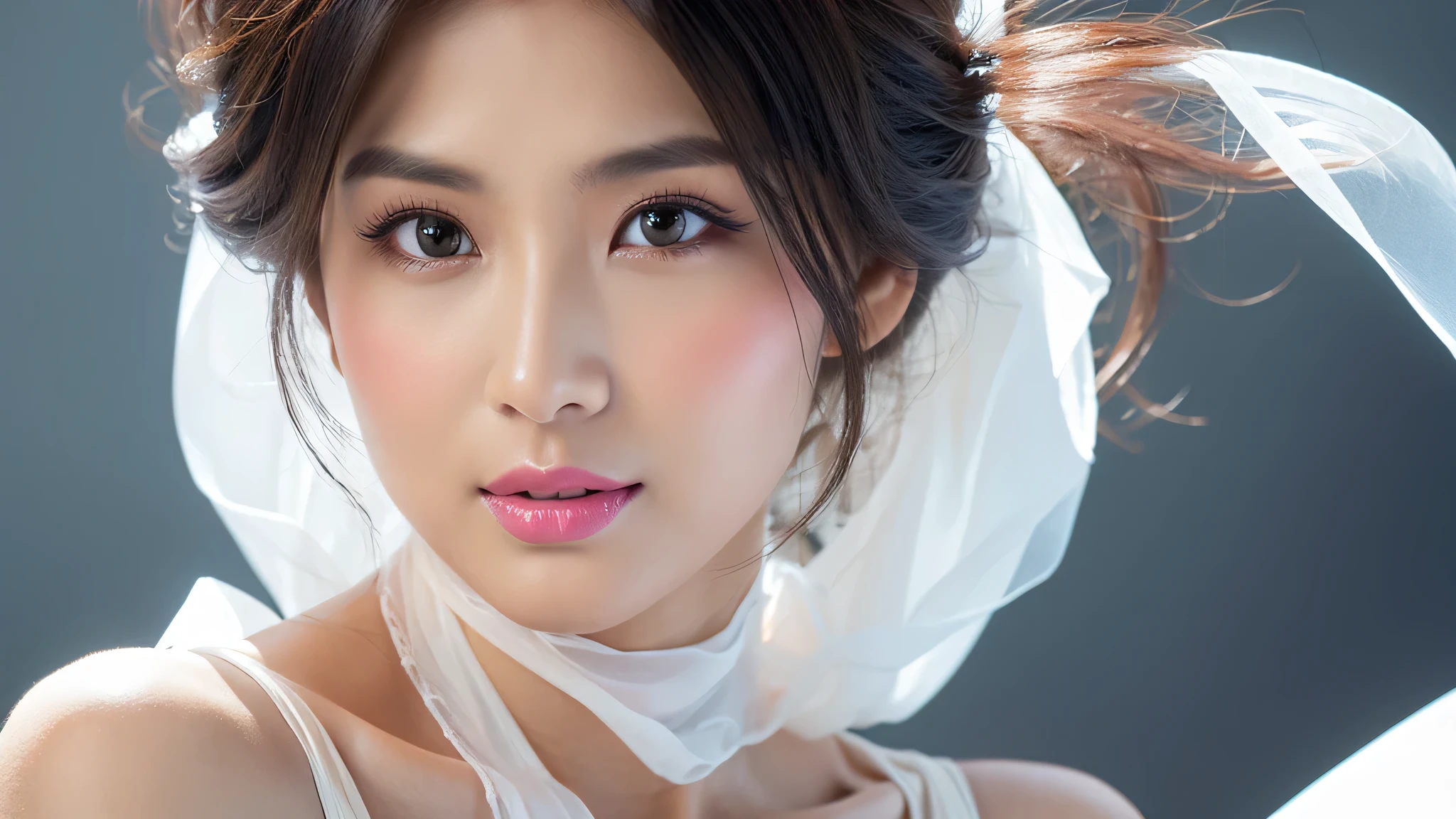 (Detailed face),vivid,White silk scarf,White sleeveless,4K,Ultra-high resolution,(Photorealistic:1.7),Gray background,Black long hair,