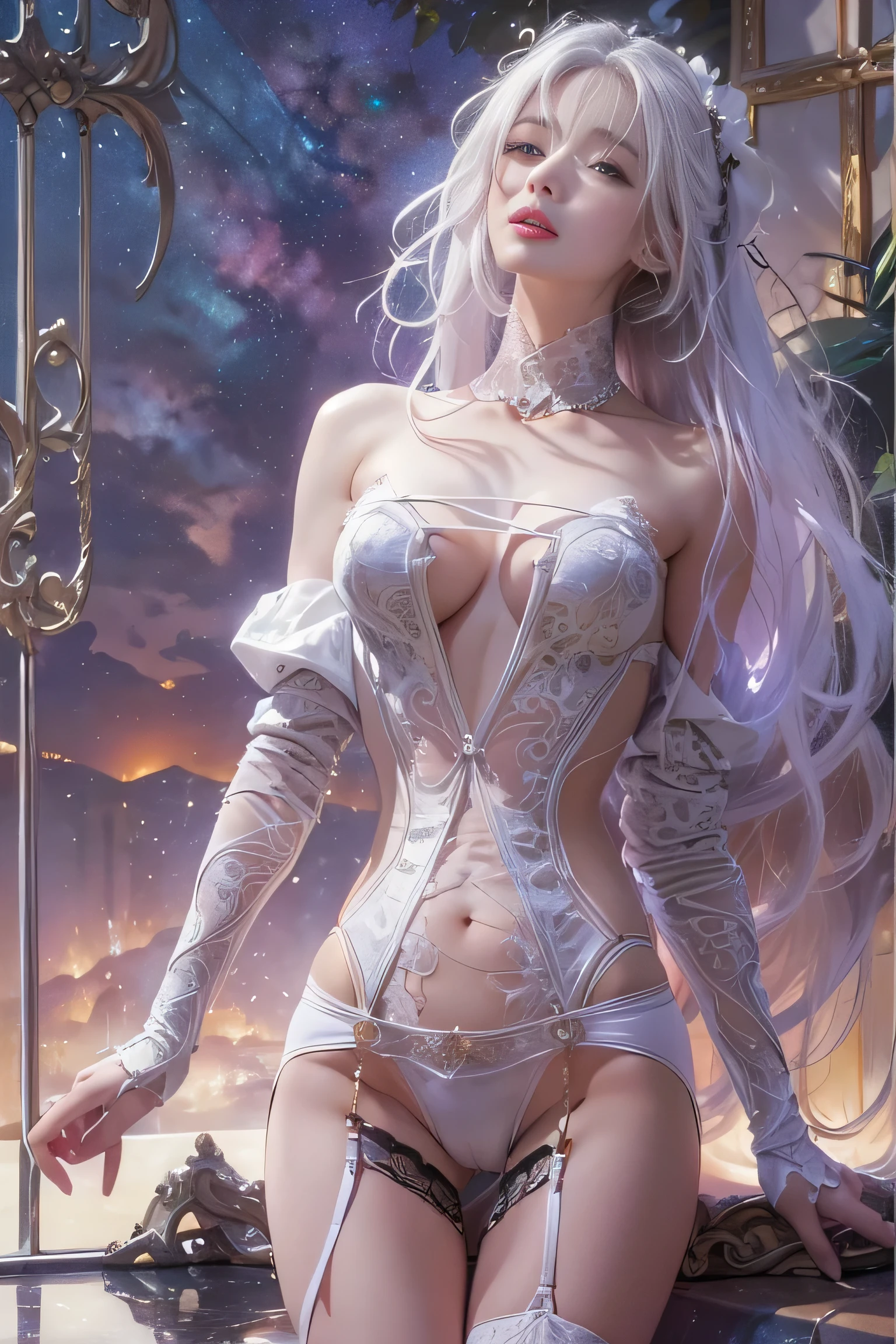 ((tmasterpiece:1.4)、(top-quality:1.4)、(reallistic:1.7))、By Luis Royo（By Luis Royo）Surreal portrait of a beautiful girl、Super beautiful girl、((1girl in:1.4))、Shiny natural skin texture、Authors：By Luis Royo（By Luis Royo）、age19、(Two arms:1.4、Two legs:1.4)、(perfect anatomia:1.4)、(Perfect female body:1.4)、Portrait photo of a girl、Close-up photos、Full body shooting、((masutepiece:1.4), (of the highest quality:1.4), (Realistic:1.7), By Luis Royo, Beautiful Girl, Super beautiful girl, ((1girl in:1. 4), Shiny natural skin texture, Authors: By Luis Royo, 1, (Perfect female body: 1.4), (Perfect female body: 1.) 4), Portrait photo of a girl, Close-up photos, （Full body photo）, Fantasy Art, Soft front light, Beautiful expression, Kawaii face, Beautiful breasts, Large Full Breasted: 1. 2, Beautiful buttocks, Fine eyes, Clear and eye-catching, beautiful and alluring, Beautiful eyes, thin waist, Raw photo, Red lips, ((White hair, Long hair)) , 1 Screen View, ),((Off-the-shoulder hand-knitted sweater))、((Black tight skirt)）、 (sexyposture), (the milky way in the sky),((T-back panties))、((Black garters and garter belts))、(A smile)、((Vaginal orchids)）、((erection)）