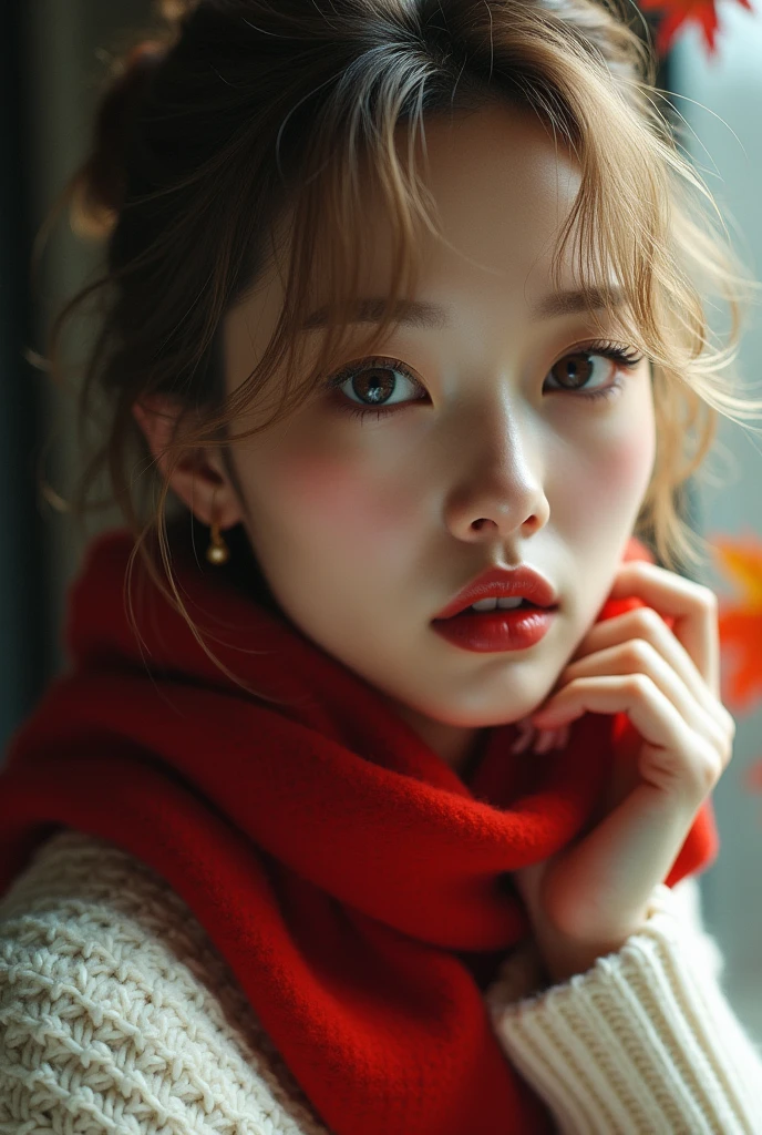 (RAW shooting),Japanese women、 Overall image、Thick white sweater、Red scarf around the neck、Long Earrings、Long eyelashes、Round eyes、Put your cheek to your ear、correct、make、smile、Put your mouth in、((Wink))、Soft lips、誘惑的なsmile、Shine、Dark lipstick、Cheek above nose、(autumn leaves)、((Watery eye))、Asymmetrical hair、Real Skin、Blonde、Very realistic,Gray Hair、Messy Hair、Hair behind the ear、Floating Hair、short hair、Boyish Hair、Blunt bangs、Surrealism、Cast a Shadow、Anaglyph、Stereogram、Hyperrealism、modern art、Shine、reflected light、Nikon、Ultra Wide Angle、16K、Very detailed、最high quality、超High resolution、Anatomically correct、Awards、最high quality、Ultra high definition、high quality、High resolution、Textured skin、correct、masterpiece、
