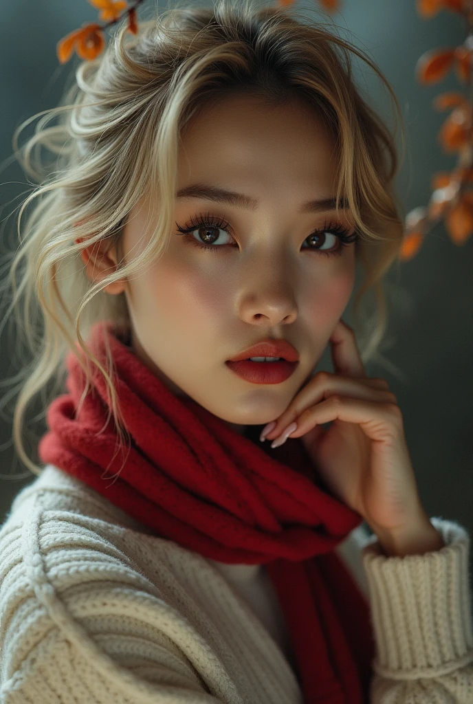 (RAW shooting),Japanese women、 Overall image、Thick white sweater、Red scarf around the neck、Long Earrings、Long eyelashes、Round eyes、Put your cheek to your ear、correct、make、smile、Put your mouth in、（(Wink))、Soft lips、誘惑的なsmile、Shine、Dark lipstick、Cheek above nose、(autumn leaves)、((Watery eye))、Asymmetrical hair、Real Skin、Blonde、Very realistic,Gray Hair、Messy Hair、Hair behind the ear、Floating Hair、short hair、Boyish Hair、Blunt bangs、Surrealism、Cast a Shadow、Anaglyph、Stereogram、Hyperrealism、modern art、Shine、reflected light、Nikon、Ultra Wide Angle、16K、Very detailed、最high quality、超High resolution、Anatomically correct、Awards、最high quality、Ultra high definition、high quality、High resolution、Textured skin、correct、masterpiece、