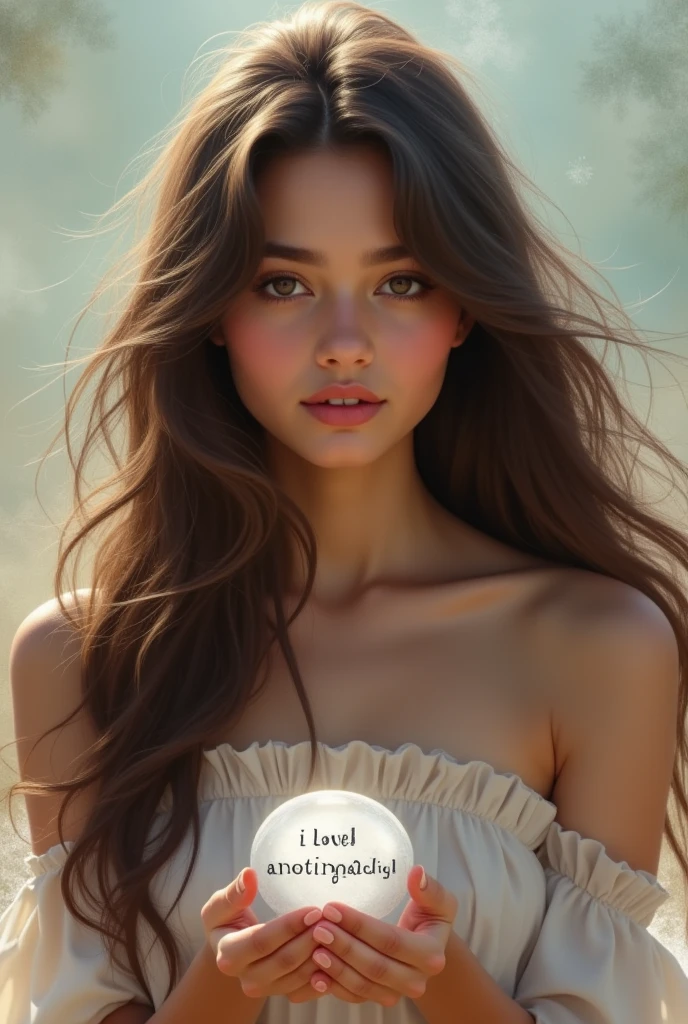Beautiful girl with wavy long hair, no dress, holding a white stone with text "I Love anmol ramgadiya " and showing it to the viewer