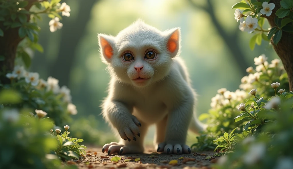 Front view,There is a wild beast in the osmanthus forest,It looks like a monkey with white ears.,Standing and walking(best quality,4K,8k,High level,masterpiece:1.2),Ultra Detailed,(lifelike,Photo real,Photo real:1.37)