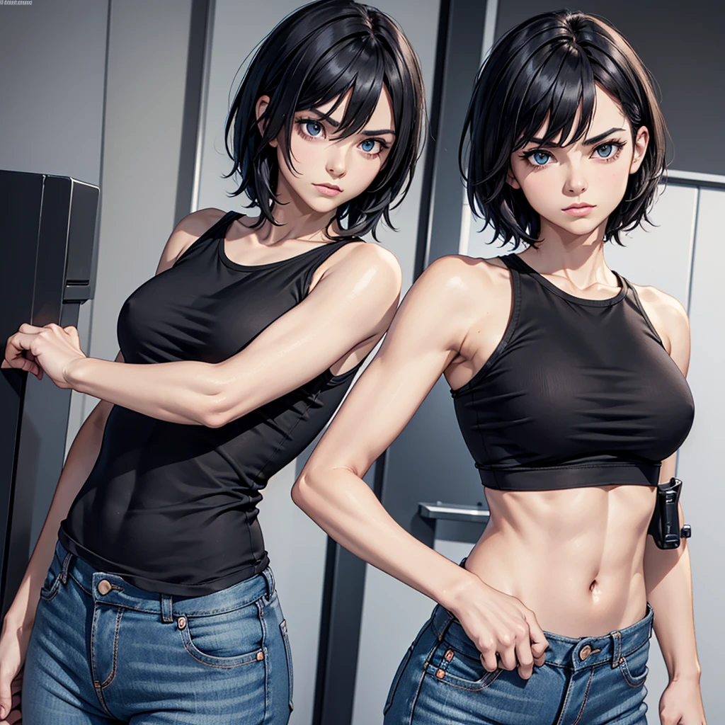 man. A bit thin, but has muscles. Beautiful serious face, eyes are narrow. Black short hair with bangs, on the left side. Dressed in a tight black sleeveless T-shirt with a long neck and jeans.