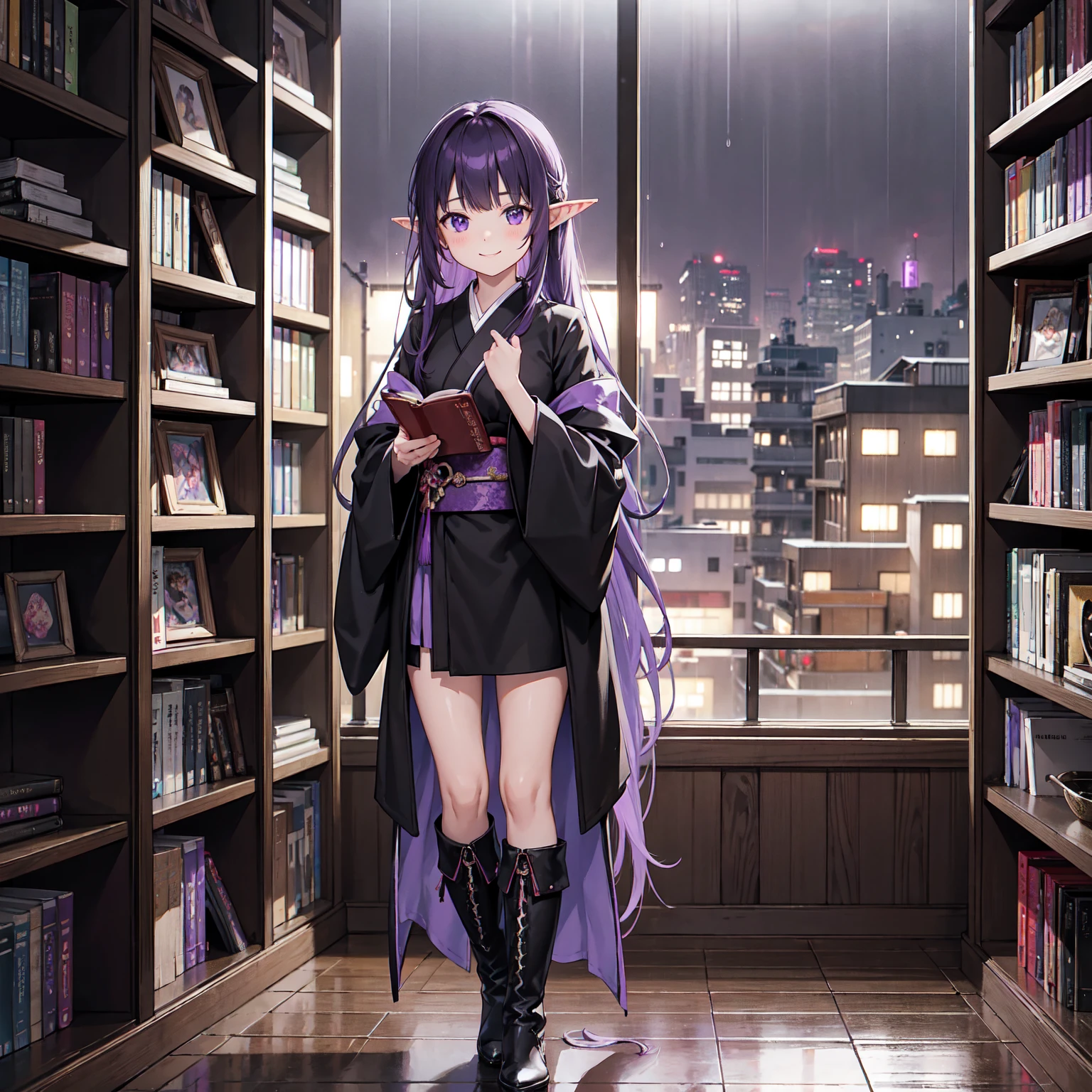 A girl takes a book from a bookshelf. She is fishing through the bookshelf. Which book shall I choose? A happy smile. Vivid. Nostalgic. Purple hair. A girl with long purple hair. Pointy elf ears. Her clothes are simple: a black robe with wide sleeves and a black miniskirt. Her knees stick out. V-shaped white inserts on the front like a kimono. Black boots. Standing figure. Background: heavy rain outside window at night, library, no other people. Unoccupied, dilapidated library. Lots of bookshelves lined up. Outside, night, rain.