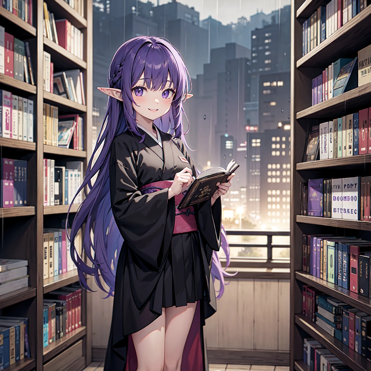 A girl takes a book from a bookshelf. She is fishing through the bookshelf. Which book shall I choose? A happy smile. Vivid. Nostalgic. Purple hair. A girl with long purple hair. Pointy elf ears. Her clothes are simple: a black robe with wide sleeves and a black miniskirt. Her knees stick out. V-shaped white inserts on the front like a kimono. Black boots. Standing figure. Background: heavy rain outside window at night, library, no other people. Unoccupied, dilapidated library. Lots of bookshelves lined up. Outside, night, rain.