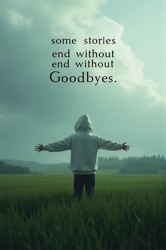 Create a scene where a person stands amidst a vast, lush green field, surrounded by a serene and moody landscape. The person is dressed in a white hoodie, slightly turned away, with arms outstretched, embracing the natural surroundings. The sky above is overcast with thick clouds, adding a dramatic touch to the atmosphere. In large, bold text overlay, include a poignant phrase like "Some Stories End without Goodbyes" to evoke a sense of reflection and contemplation. The overall mood is calm yet introspective, with a blend of nature's beauty and the quiet strength of solitude.