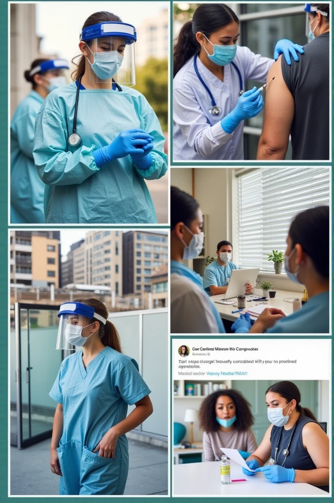 : Images depicting public health responses, such as healthcare workers in protective gear, vaccination campaigns, and community education efforts.