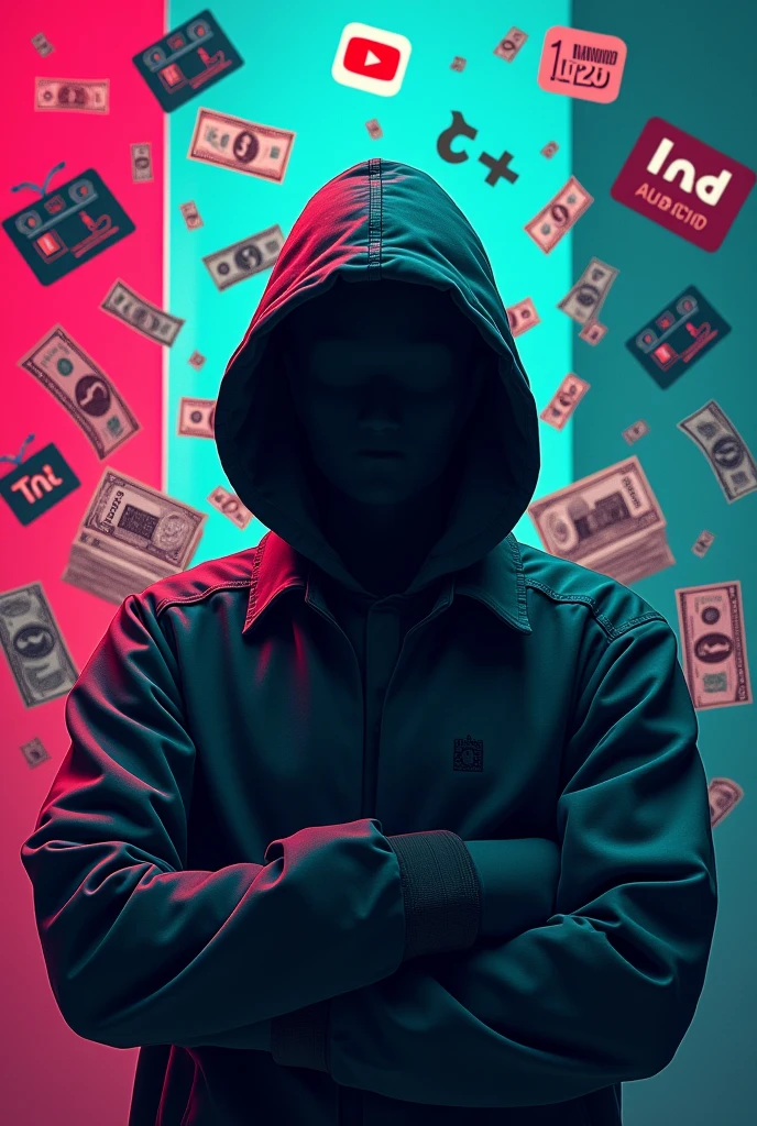 "Create a high-resolution, visually striking course cover image featuring a male figure hiding his face with a mask or covering that makes it difficult to identify his features, ensuring a high level of anonymity. The figure should be positioned dynamically in an action pose to emphasize secrecy. Use a vibrant and colorful background with a gradient or abstract design, incorporating rich, contrasting colors like teal, magenta, and charcoal gray to add depth and visual interest, with a highly detailed and vibrant appearance. Place symbols of financial success, such as dollar signs ($), stacks of bills, or currency icons prominently behind the male figure, ensuring they are bold, highly detailed, and sharply contrasted. Integrate images of the TikTok, YouTube, and Kwai app icons into the background with exceptional clarity and resolution, making them large, prominent, and highly visible against the colorful backdrop. Include visual references to video editing, such as camera icons, film reels, or editing software icons (like scissors or a timeline), also in high resolution and vivid detail, subtly blended into the background but remaining clear and detailed. The overall style should be sleek and modern, with a balanced composition that ensures the main subject and thematic elements (money, video editing, and app icons) are visually harmonious and impactful. Avoid any text or written elements. The image should effectively convey the concepts of financial success through video content creation and the presence of popular video platforms while maintaining the theme of anonymity."