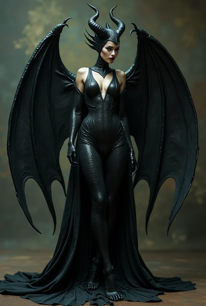 Maleficent in the process of transforming into a dragon, she is not quite human, yet not quite a dragon, black scales, sexual, narrow waist, wide hips, masturbating with a dildo