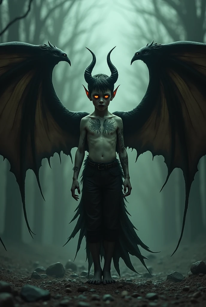 A boy converte into a demon having wings,