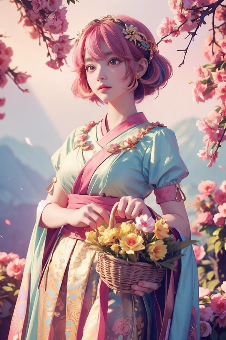 (masterpiece, best quality), a cute girl anime character, medium short colorful hair, mythology, traditional asia dress, gorgeous accesories, holding a flower basket, high detailed, pastel color mood and tone background