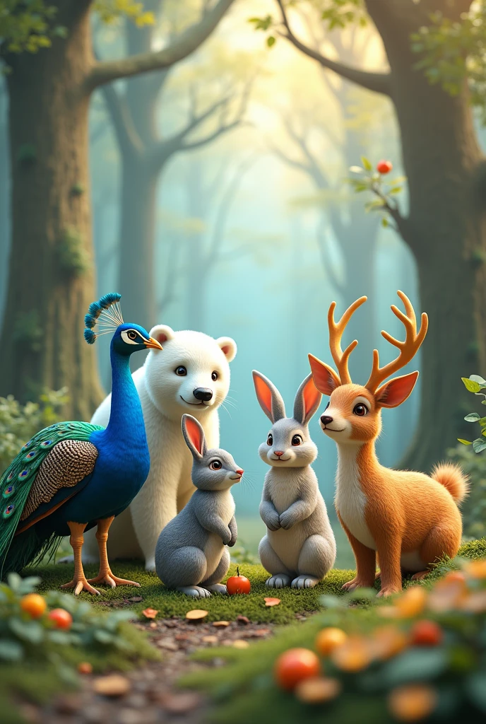 Once upon a time there were four peacock animal friends, polar bone, Rabbit and deer who lived in a magical forest, each one with their favorite season.