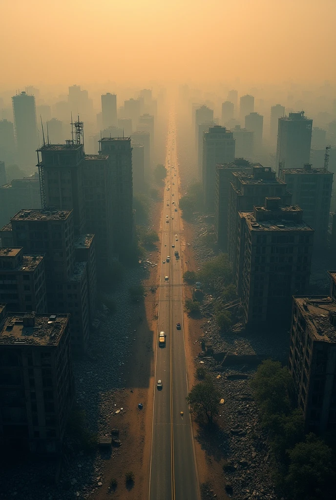 A post apocalyptic drone shot of delhi. 