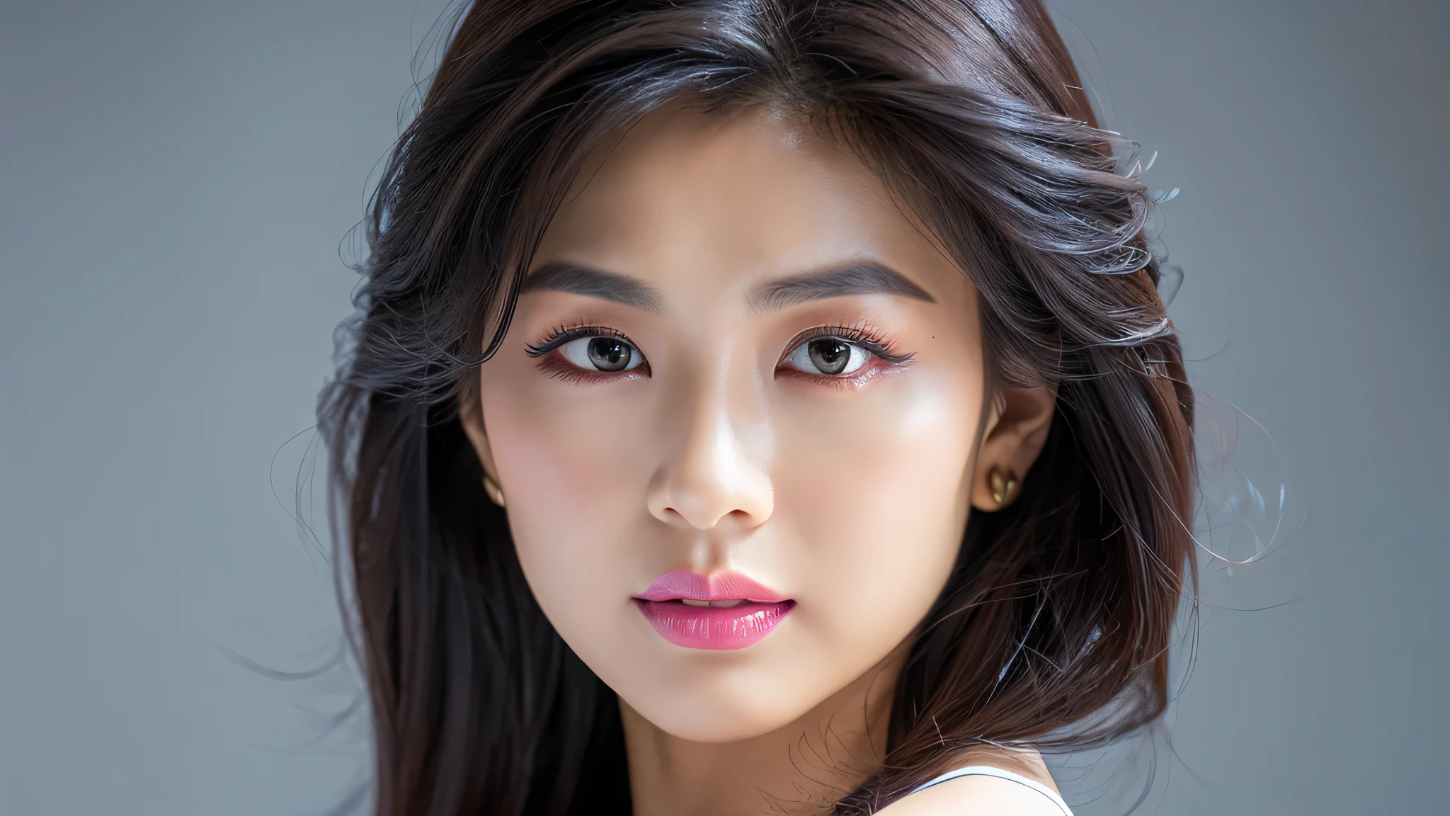 (Detailed face),vivid,White silk scarf,White sleeveless,4K,Ultra-high resolution,(Photorealistic:1.7),Gray background,Black long hair,