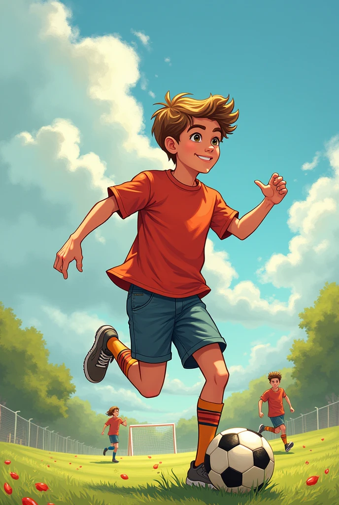 cartoon: "Get active and live!" Viñeta 1: The Sedentary Life (Image: Alex sitting on the couch, surrounded by snacks and watching television.) Dialogue: Alex: "I have no energy for anything... I just want to stay here." Viñeta 2: The Invitation (Image: Sara enters Alex's house, with a soccer ball in his hand and a smile.) Dialogue: Sara: "Hello, Alex! What are you doing? Let's go to the sports club! It is fun." Viñeta 3: The First Attempt (Image: Alex on the sports field, a little nervous, while other kids play.) Dialogue: Alex: "I don't know if I can do it... I've never played before." Sara: "Just have fun! Everyone is here to learn." Viñeta 4: Discovering Sport (Image: Alex running after the ball, with an expression of emotion.) Narration: "With each pass, Alex feels his energy growing." Dialogue: Alex: "This is great! I feel more alive." Viñeta 5: El coach (Image: A coach encouraging Alex and other boys.) coach: "Well done, equipment! Remember, Sport improves our health and unites us." Viñeta 6: The Challenge (Image: Alex in a competition, with a group of friends cheering him on from the finish line.) Dialogue: Alex: "I can do it! I've worked hard to get here." Viñeta 7: The Celebration (Image: Alex with a medal, Smiling and celebrating with Sara and the coach.) Dialogue: Alex: "Thanks for motivating me. Sport is amazing!" Sara: "I knew you would make it!" Viñeta 8: Final Reflection (Image: Alex and Sara sitting in a park, talking and laughing.) Narration: "Now, Alex has discovered that physical activity not only improves his health, but also brings joy and new friendships." Dialogue: Alex: "Get active and live! I will never be sedentary again." LET THE DIALOGUES BE WRITTEN IN SPANISH