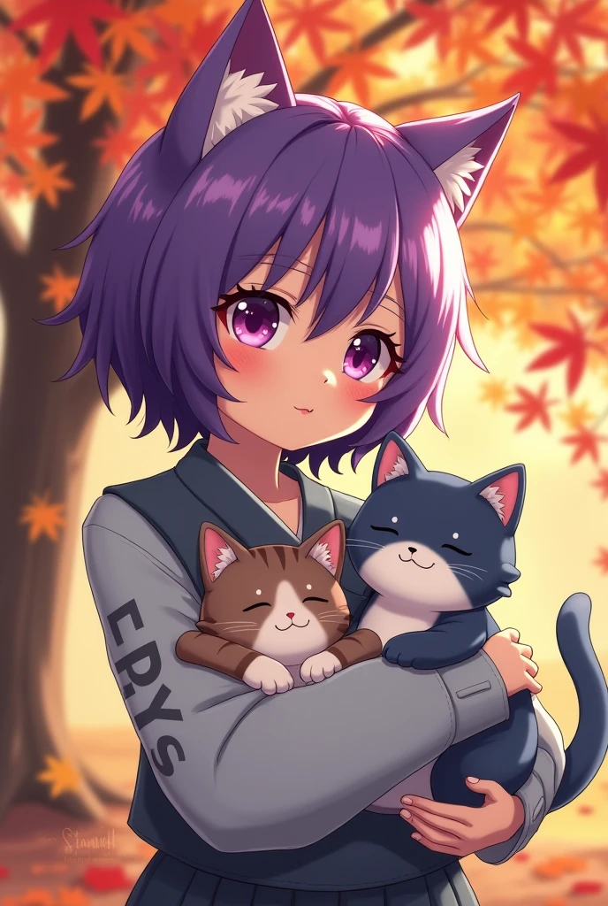 Cat cat anthropomorphic,With maple leaves background,Purple hair and eyes,Conservative clothing for women,Cute personality,Holding a kitten and a baby shark,There are letters RYDS on the arm