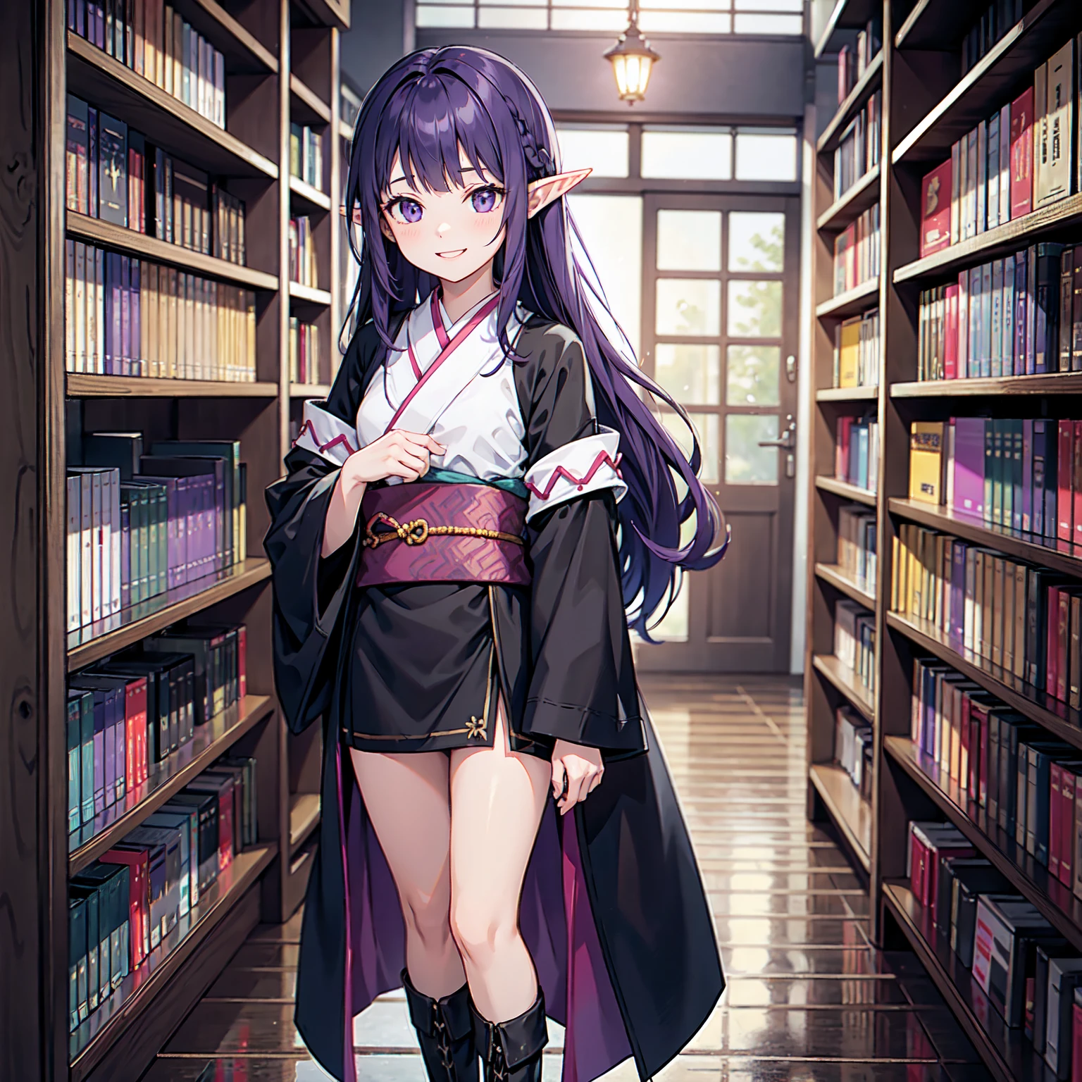 A girl takes a book from a bookshelf. She is fishing through the bookshelf. Which book shall I choose? A happy smile. Vivid. Nostalgic. Purple hair. A girl with long purple hair. Pointy elf ears. Her clothes are simple: a black robe with wide sleeves and a black miniskirt. Her knees stick out. V-shaped white inserts on the front like a kimono. Black boots. Standing figure. Background: heavy rain outside window at night, library, no other people. Unoccupied, dilapidated library. Lots of bookshelves lined up. Outside, night, rain.