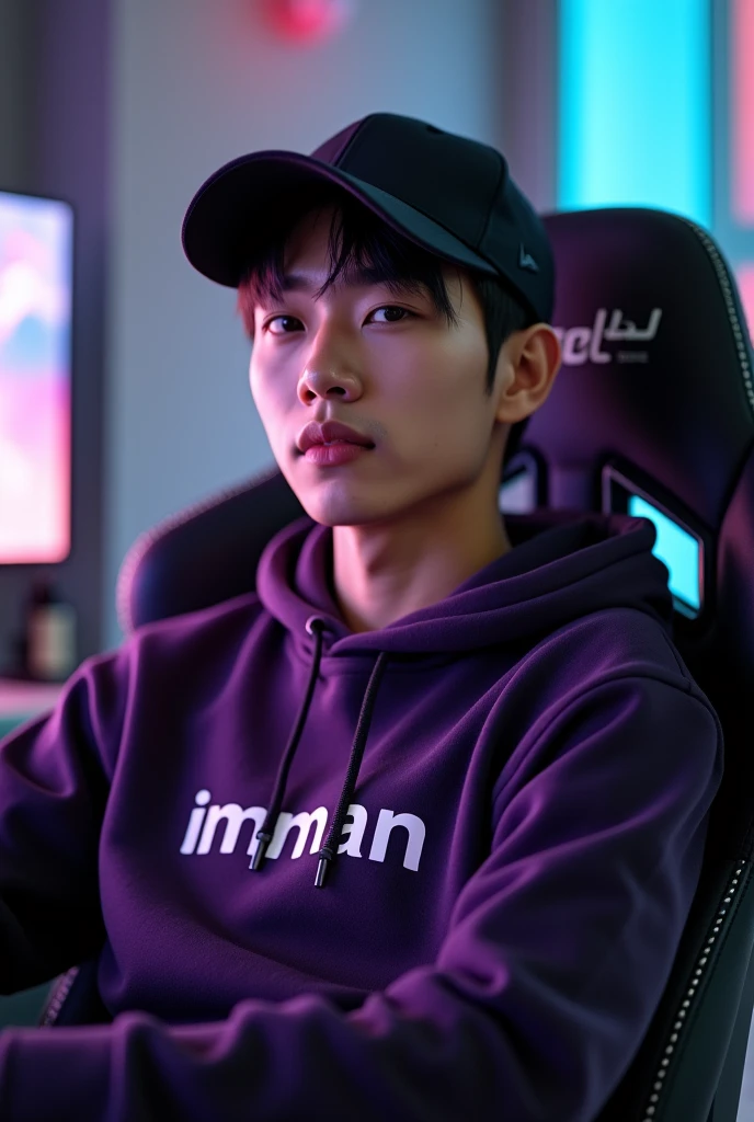 A handsome white Korean man sitting on a gaming chair wearing a dark purple polite hoodie , while wearing a black ball cap with the name on the hoodie " imman "