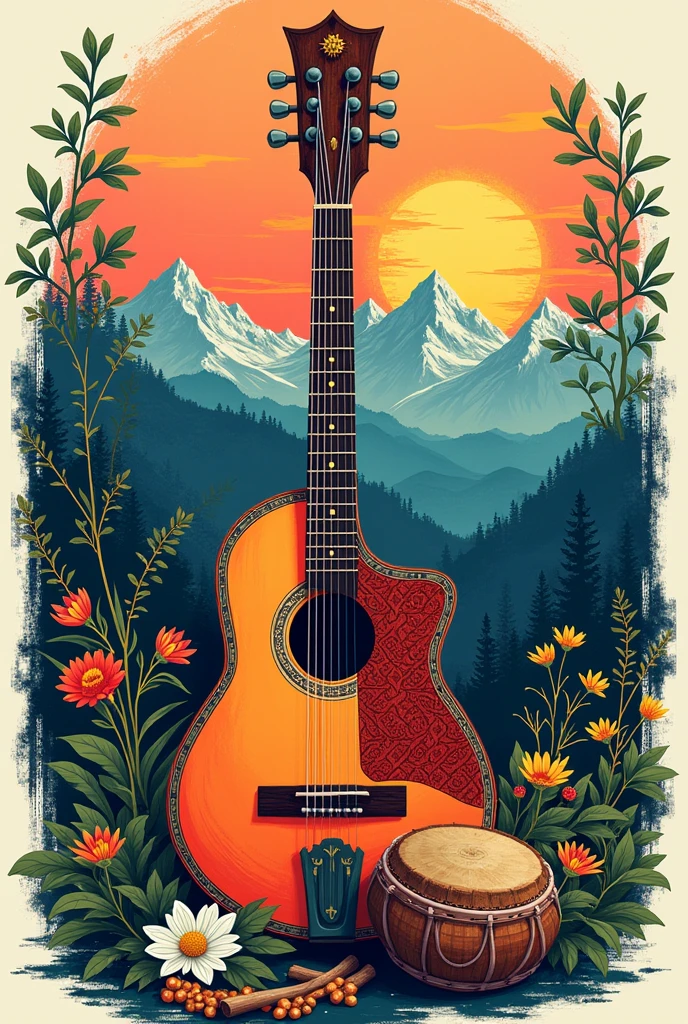 Tshirt print with sarangi mandolin guitar and madal logo with essence of nepalese scenery