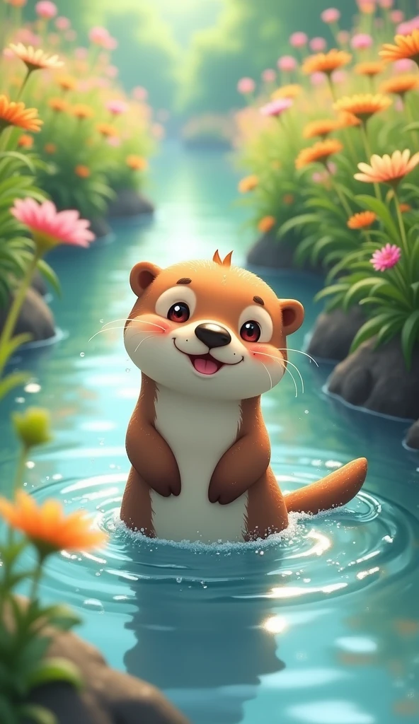 An otter named chupa is bathing in the river.、cute、digital art、photo、