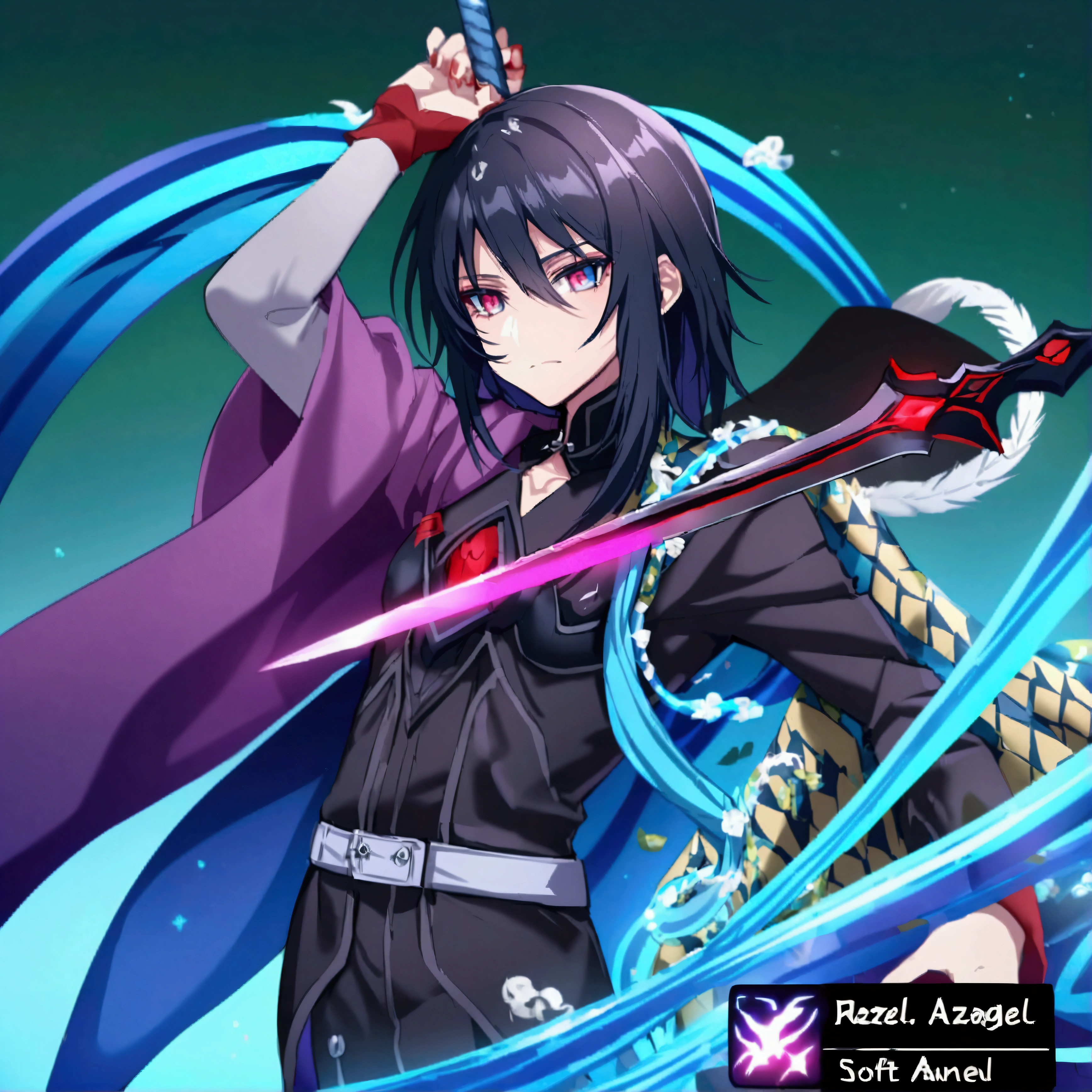 azazel: Fallen angel with human appearance, soft red eyes, long white hair with a touch of black, black wings with soft feathers, Dark armor with red details and black sword with bloody red edge.