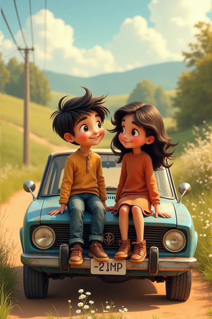 Create a boy name Mohaimen & girl name saira sitting on car front 
