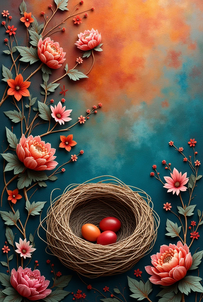 Hand crafted lippan art and empty nest with colourful background