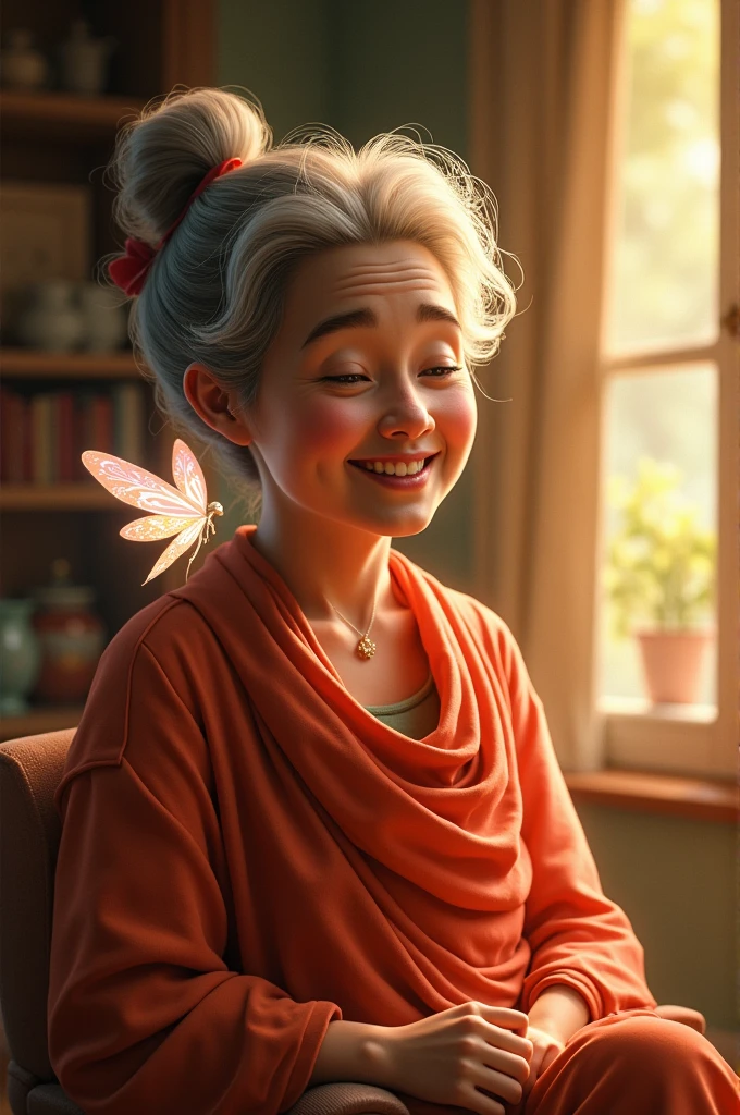 Generate a realistic photo.Image: Chintu’s mother looking healthy and happy at home. The fairy is beside her, adding a magical glow around her, indicating her well-being.